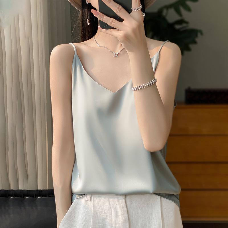 Women's Satin V-Neck Strappy Summer Camisole - Versatile & Stylish Sleeveless Top