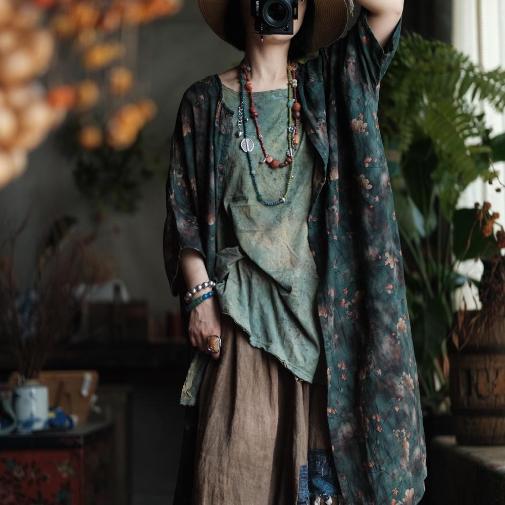 

Johnature Женские рубашки с винтажным принтом и цветочным принтом, красные топы с семью рукавами, летние женские длинные блузки в китайском стиле One Size зелёный