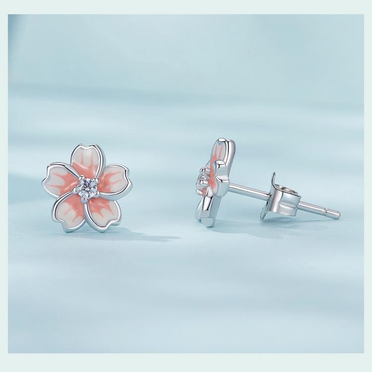 Yin Ziyun Cherry Blossom Pink Gradient Sterling Silver Earrings - Romantic Floral Birthday Gift