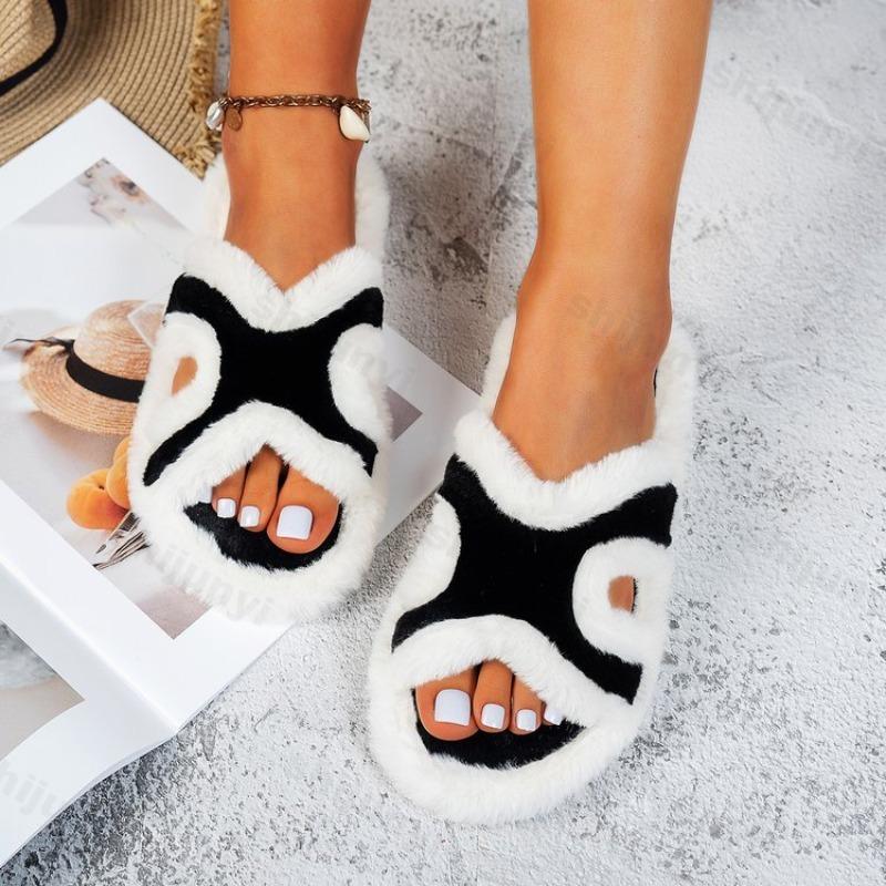 Fashion Fashion Concise Design Casual Flat Plush Slippers for Women 2025 Autumn New Soft Soled Comfortable Open Toes Breathable Draggers