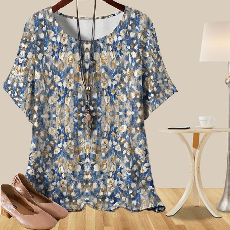 Women's Fashion Casual Loose Spring Shirt Women's Short Sleeve Electrocardiogram Butterfly Flower Printed Tops