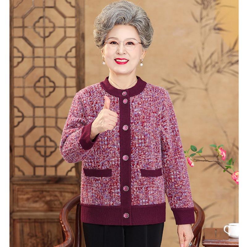 Autumn and Winter Velvet Thickened Spring and Autumn Grandma Knitted Sweater Clothes Middle Old Girl Mother Old Man Sweater Cardigan Jacket