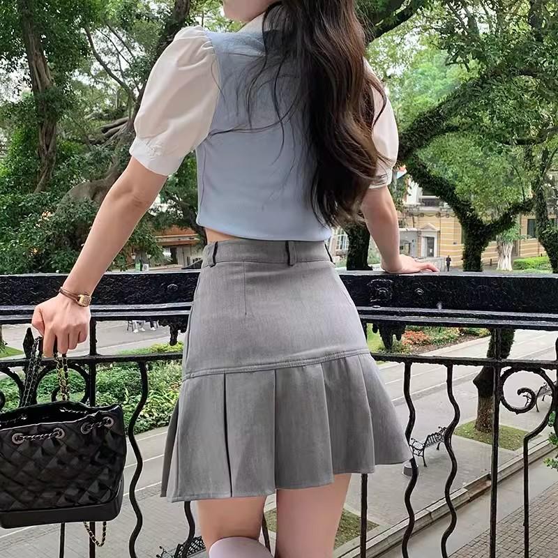Pleated Skirt with Pockets for Women Summer High Waisted A Line Slimming Versatile Skirt Suit Fabric Casual All Match Versatile Grey Skirt