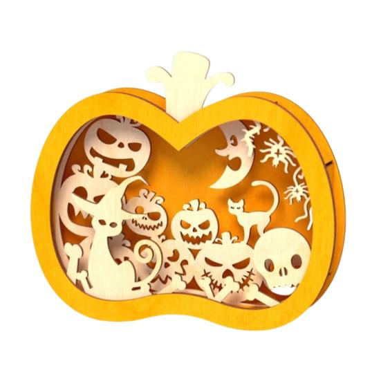 Yousheng Halloween Wooden Lighted Pumpkin for Tabletop, Spooky Pumpkin Lantern Shadow Box for Halloween Party, Dinning, Coffee Table Decoration