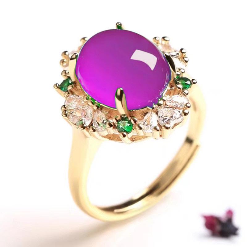 Bague Ajustable Calcédoine & Agate de Glace Forme Libre pour Femmes avec Incrustations en Forme d'Œuf et Placage Argent 925