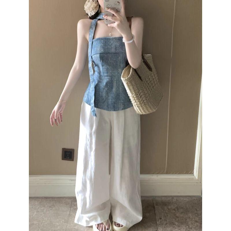 Kumikumi Gyaru Wind Heavy Industry Hot Drilling Denim Tube Top Vest Women Summer Retro Distressed Ribbon Waist Hugging Top