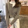 Women's Mustard Green Raccoon Fur Knit Cardigan - Soft, Fluffy Autumn Outerwear, Round Neck Sweater Coat for a Refined Look.