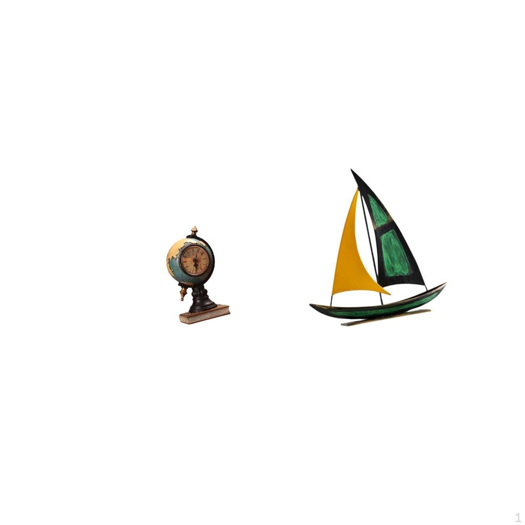 Iron Sailboat Figurine Statue Table Clock Art Craft Ornament for Office Shelf Fireplace Bedroom