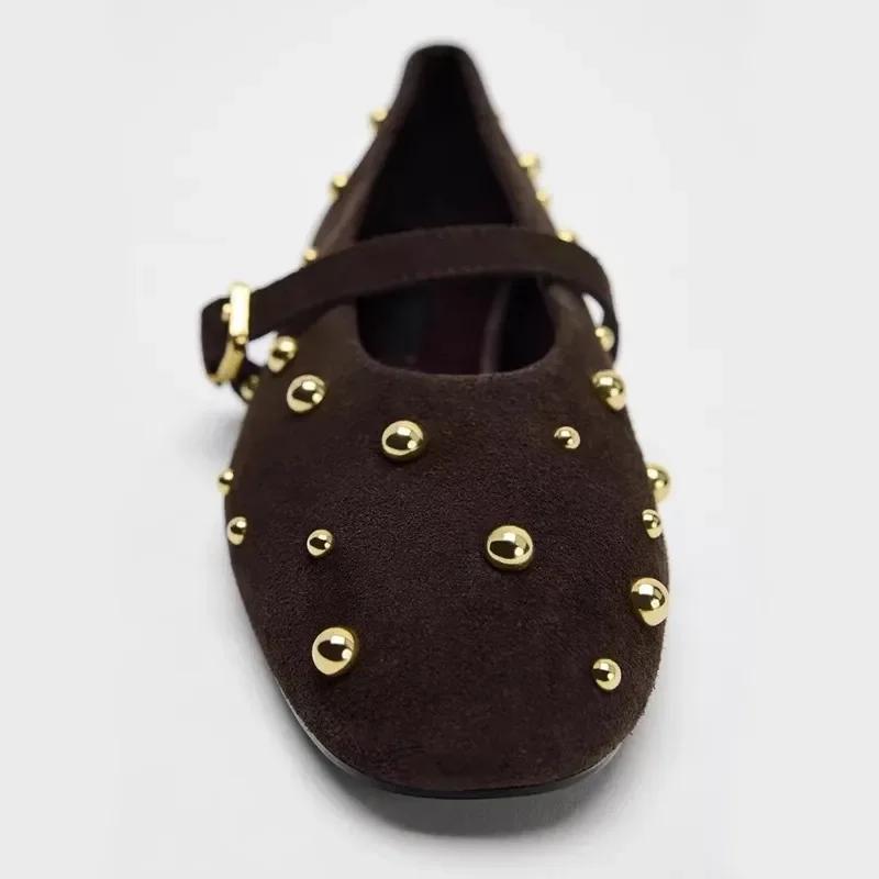 2024 Herbst Marke Mary Jane Schuhe für Damen Mode Nieten Wildleder Klassisch Retro Braun Lässig Weiche Sohle Bequeme Damen Ballerinas