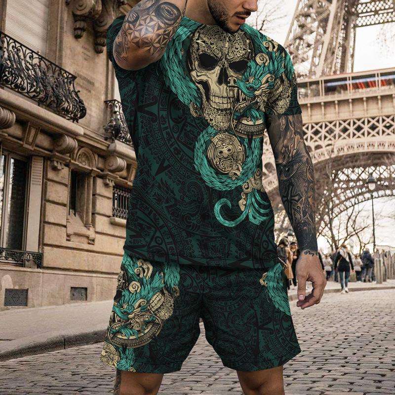 3D Print Skull Pattern Casual New Men's Short T-Shirt Beach Pants Suit Oversized Man Sportswear Hip Hop Short Sleeved Set