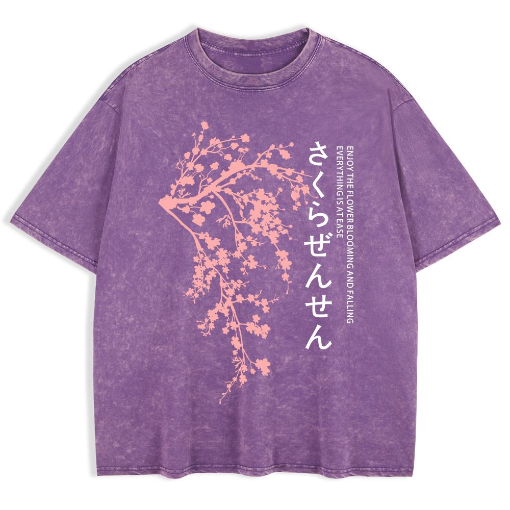 Japan Kirschblüten Aufdruck Gewaschene T-Shirts Herren Baumwolle Oversize T-Shirt Lässige O-Ausschnitt Kurzarm Oberteile Kleidung
