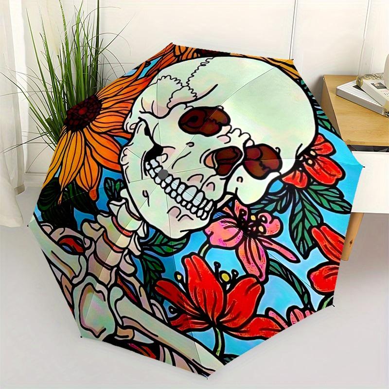 1pc Skull Flowers Automatic Open/close Umbrella, 8-Rib sturdy structure, Portable Travel Umbrella, Parties, Everyday Use, Outdoor Accessory,