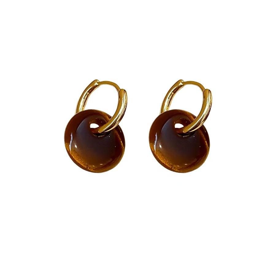 Vintage Maillard Imitation Tiger'S Eye Stone Smudge Round Personalized Simple Earrings Light Luxury High-End Ear Buckles Fashion Earrings