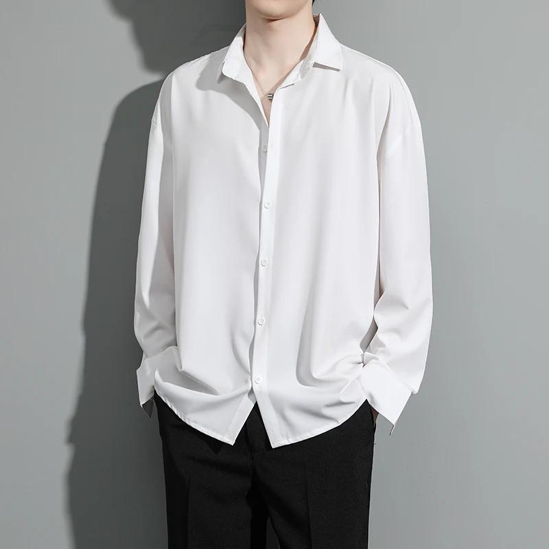 2026 Spring Summer Men Black White Shirt Men Ice Silk Shirts Male Casual Loose Shirt Male Long Sleeve Korean Shirt
