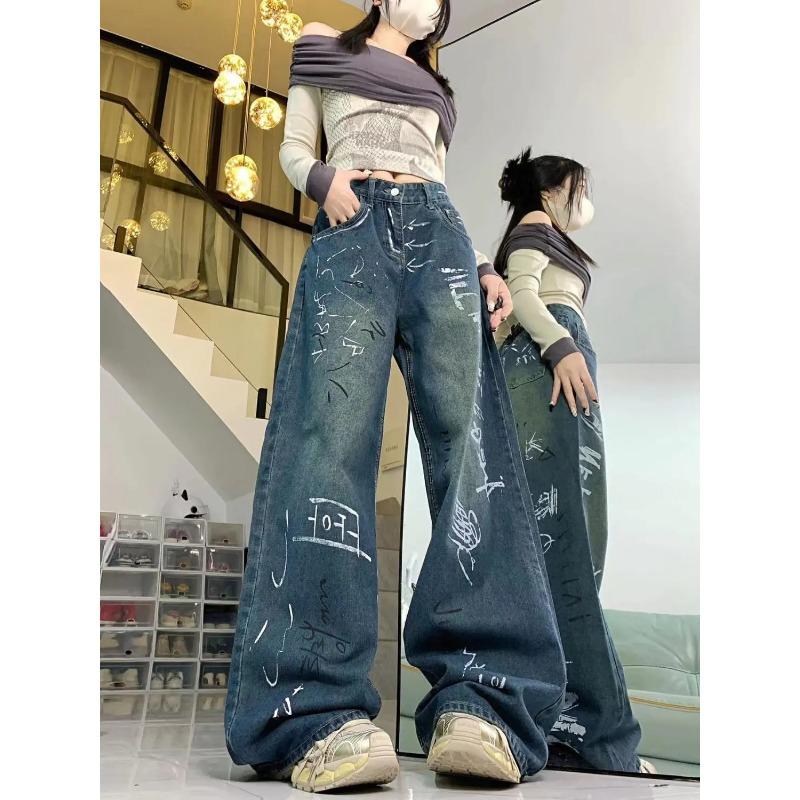 Americké Streetwear Graffiti Široké Džíny pro Ženy Podzim a Zima Trendy Značkový Design Vysoký Pas Rovné Podlahové Kalhoty