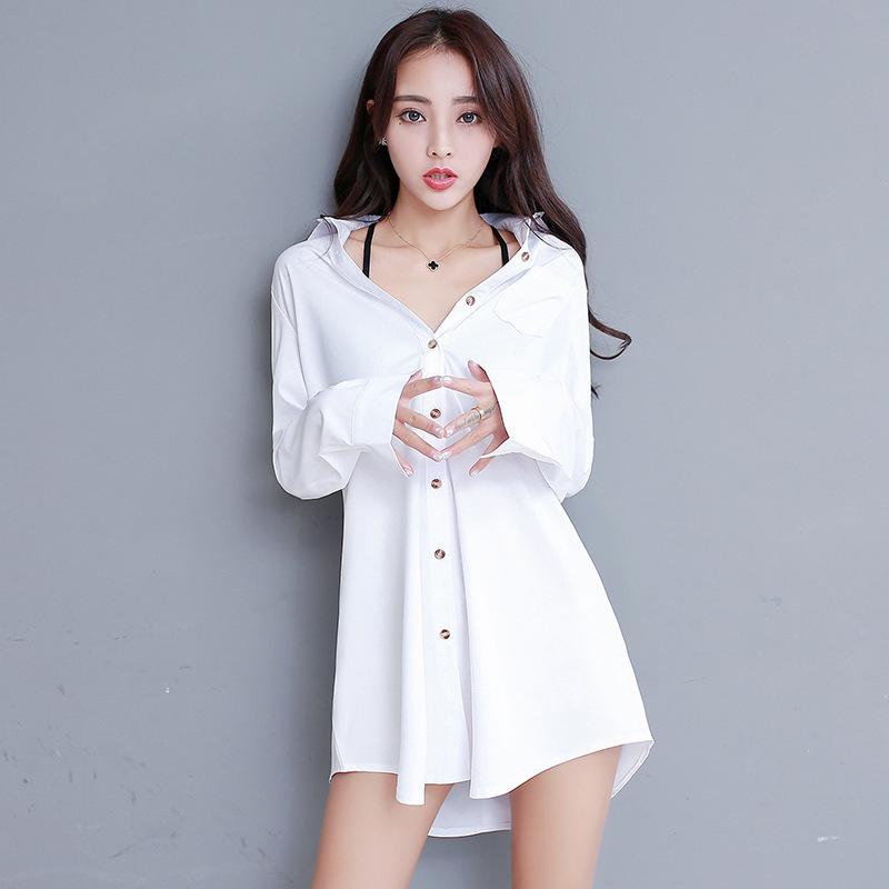 Frühling und Herbst Weißes Hemd Damen Langärmlig Koreanisch Sexy Locker Mittellang Hemd Rock