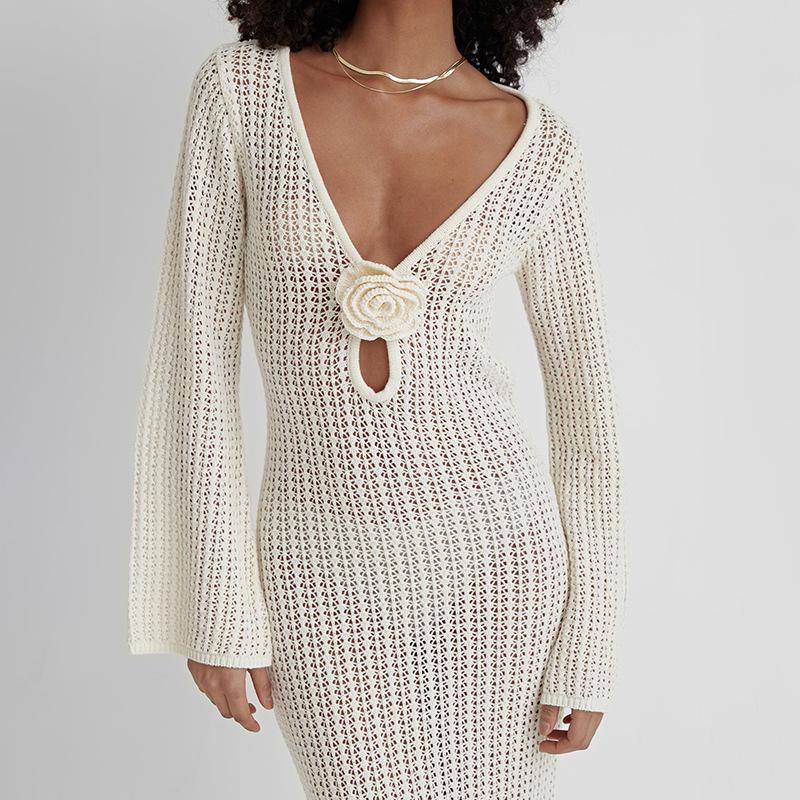 Copricostumi da donna Sexy senza schiena Maglia Maxi Abito da spiaggia Primavera Estate Scollo a V Elegante Blusa francese