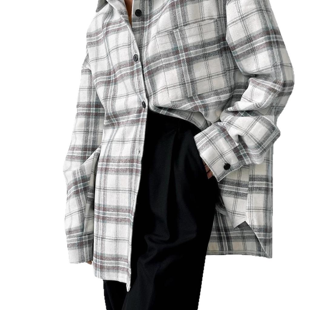 European and American lazy loose lapel plaid shirt women's 1116 autumn street casual outer long-sleeved shirt