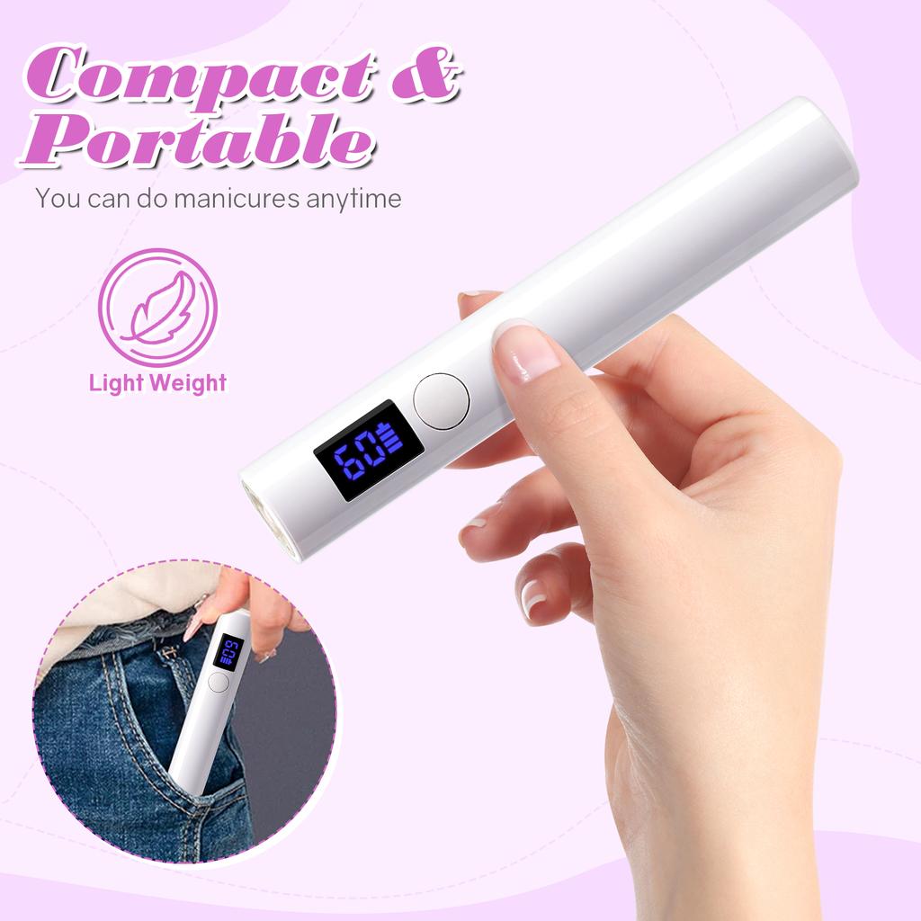 Handheld UV LED Nail Lamp Mini Portable Nail Dryer with Two Timer Settings Rechargeable Quick Drying Manicure Lamp Flashlight