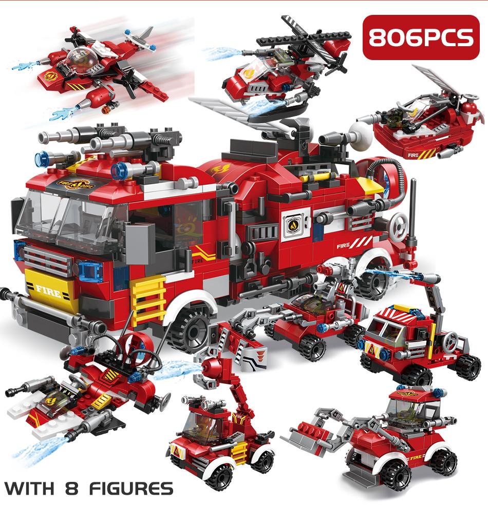 HUIQIBAO City Fire Truck Model Building Blocks Firefighting Set Fireman Figures Bricks City Construction Toy for Children Gift