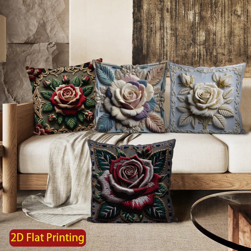 2D Vintage Embossed Rose Floral Throw Pillow Covers Pattern Cushion Cover Suitable For Sofa Bedroom Car Pillow Cover