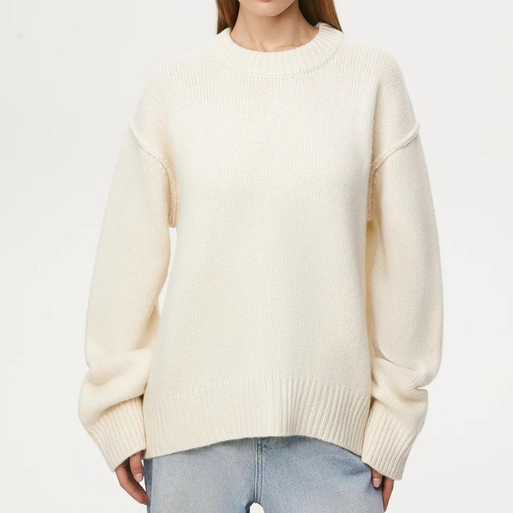 

Женский вязаный однотонный простой свободный свитер IHUASU на осень/зиму с круглым вырезом L слоновая кость