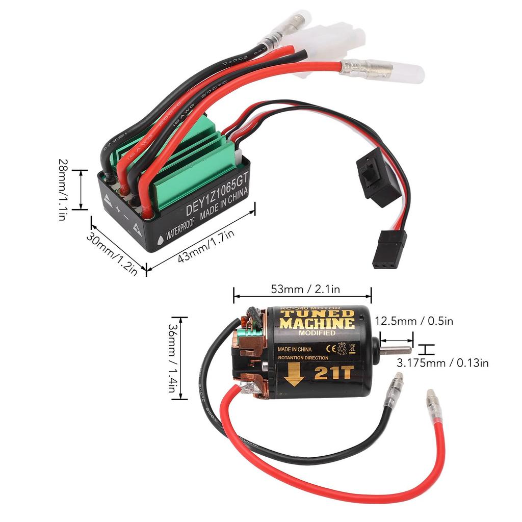 Brushed Motor/ESC Combo 540 21T Brushed Motor and 65A Waterproof Green Brushed ESC for Traxxas and Tamiya