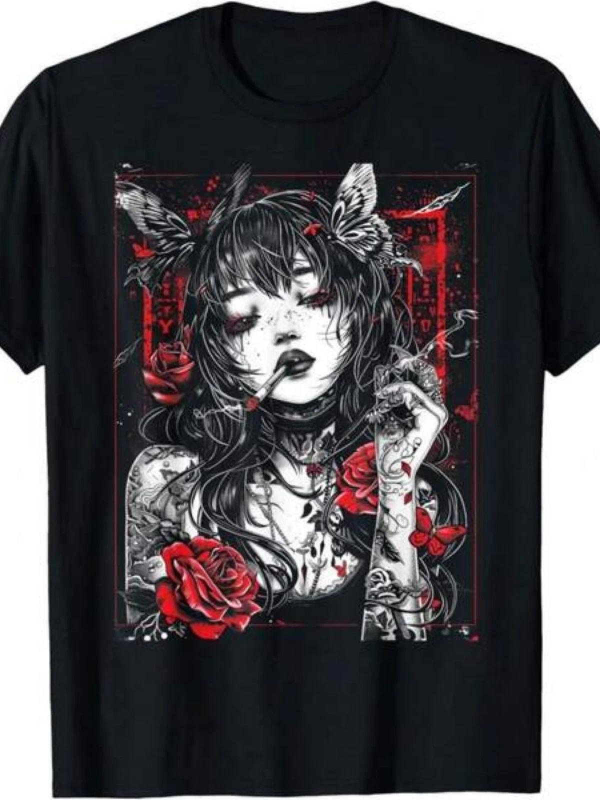 Anime Cyberpunk City T Shirt Gothic Roses Japanese Vintage Graphic Tee M
