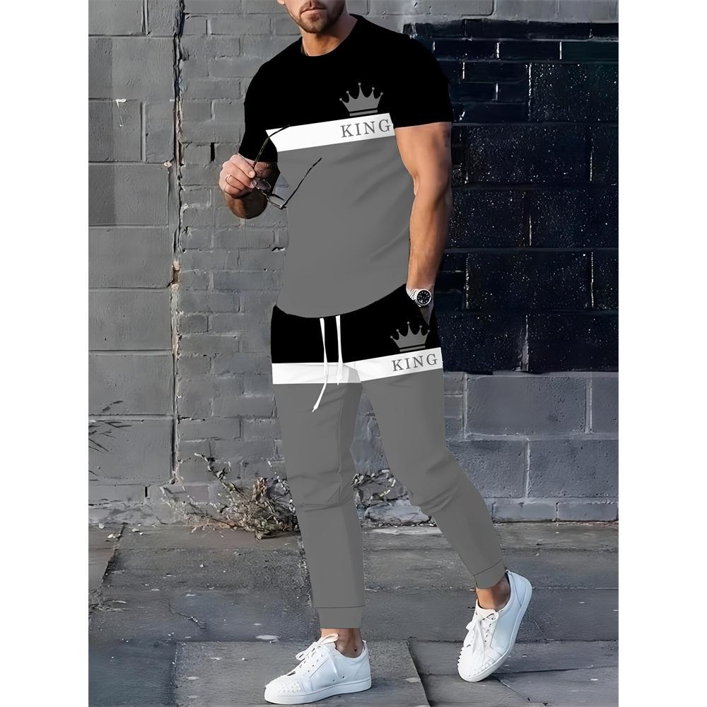 Color Block Letter Men's Set, Three-color Patchwork Short-sleeved Shirt And Long Pants, Simple And Casual