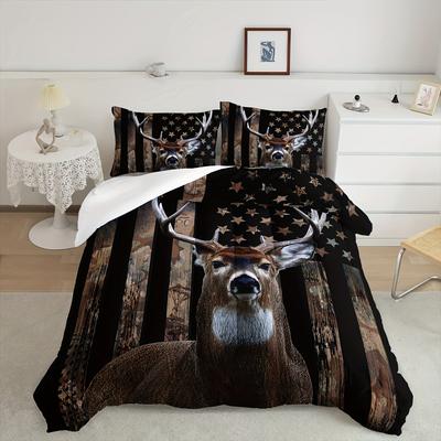 3pcs Modern Soft Quilt Cover Set Brown Elk Star Print Bedding Set Comfortable Duvet Cover for All Bedrooms and Guest Rooms