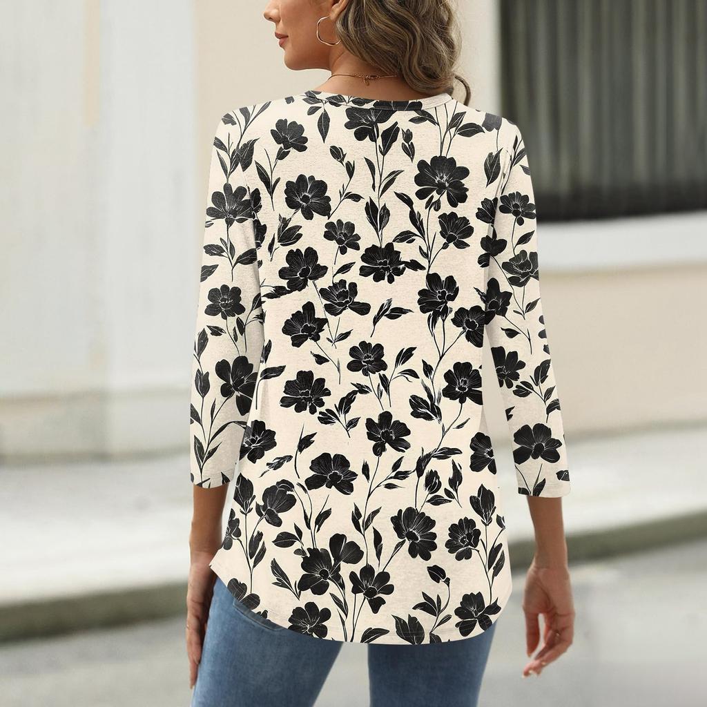Shirt For Women's Fashion Casual Square Neck 3/4 Sleeve Loose Printed T-Shirt Ladies Top
