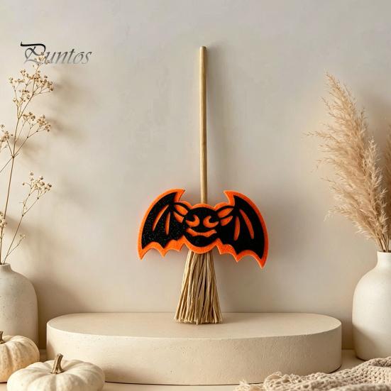 Decorative Straw Broom Props Halloween Mini Broomstick Ornament, Witch Pumpkin Bat Ghost Decor with Natural Grass Double-layer Glitter Felt