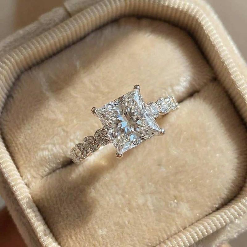 925 Sterling Copper Eternity Princess Square Cubic Zirconia Crystal Rings Women's Wedding Engagement Luxury Classic Lady Zircon