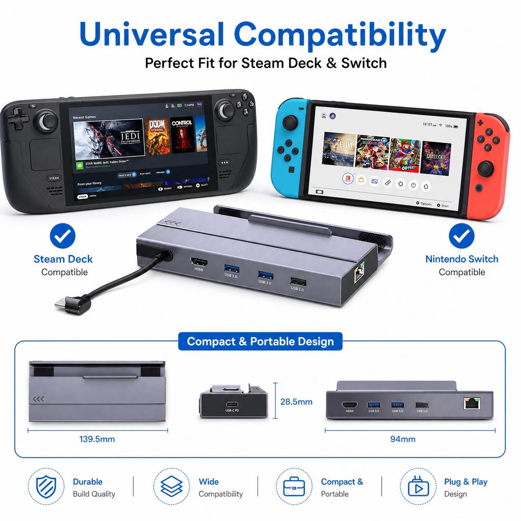 Type C 7in1 Hub M.2 SSD Dock Stand for Steam Deck Nintendo Switch 4K60Hz Gigabit LAN 100W PD Charging Docking Station