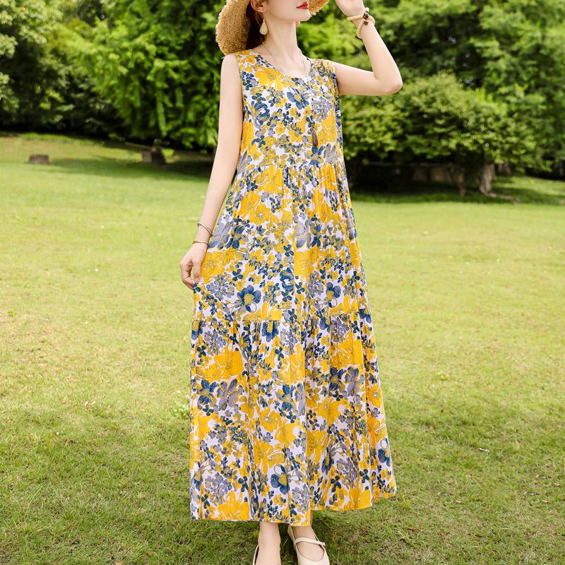 Elegant Sleeveless Dress for Women Plus Size Short Sleeve Vintage Print Long Dress Summer Casual Middle-aged Women's Clothing