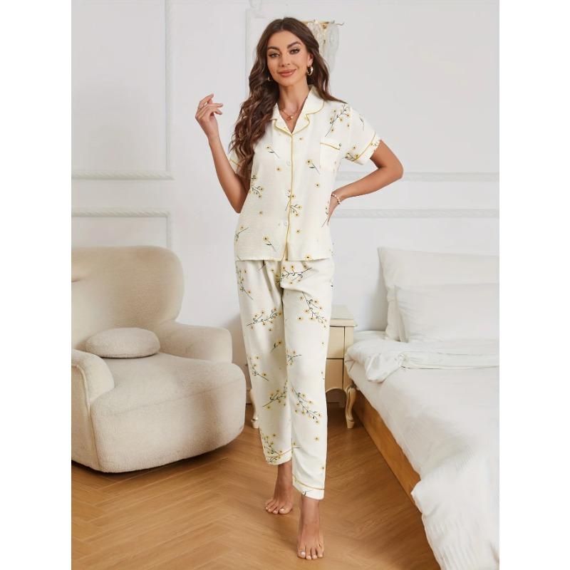 

Пижамный комплект с цветочным принтом, повседневный топ с коротким рукавом, лацканы на пуговицах и эластичные брюки, женская одежда для сна S