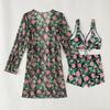 3 Piece Tropical Floral Print Bikini Set V Neck Boy Shorts Long Sleeve Sheer Cover Up Sexy Push Up Beach Vacation Bathing Suit