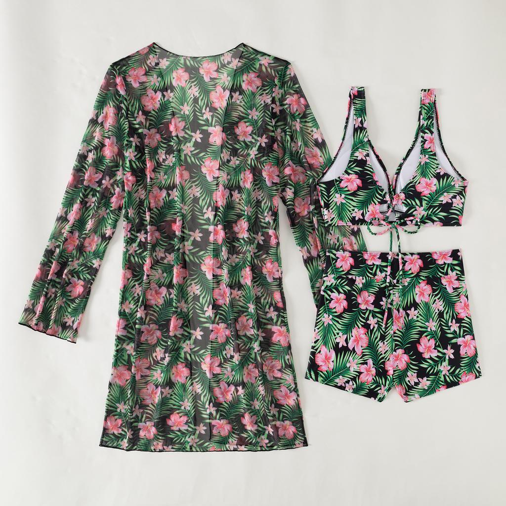 3 Piece Tropical Floral Print Bikini Set V Neck Boy Shorts Long Sleeve Sheer Cover Up Sexy Push Up Beach Vacation Bathing Suit