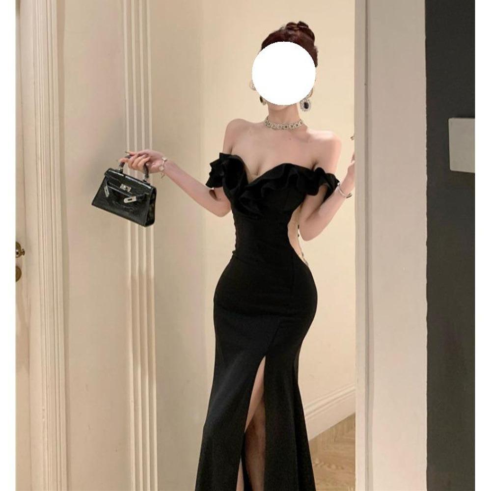 One-word shoulder dress long dress women's spring ruffle edge temperament socialite high split evening dress dress