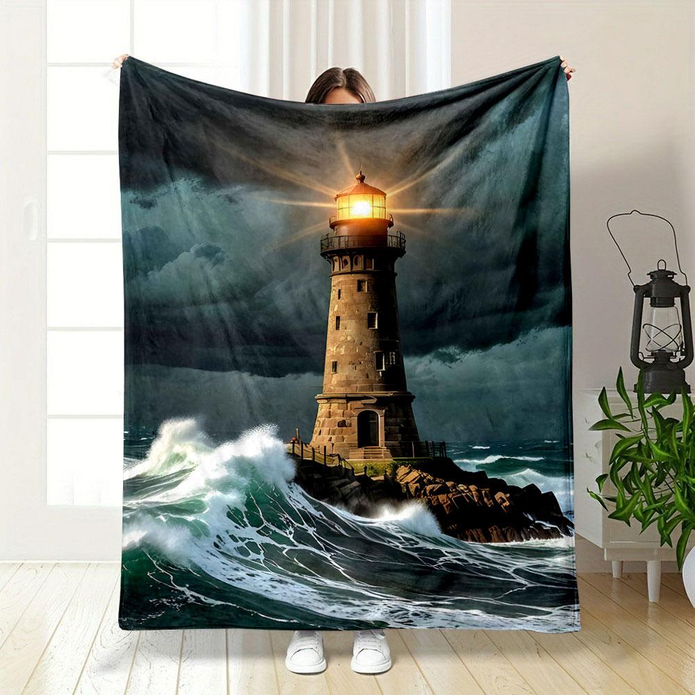 A Lighthouse Glowing Brightly Amid Stormy Skies and Crashing Ocean Waves. for All Seasons Blanket Lunch Break Throw Gift 75X95CM