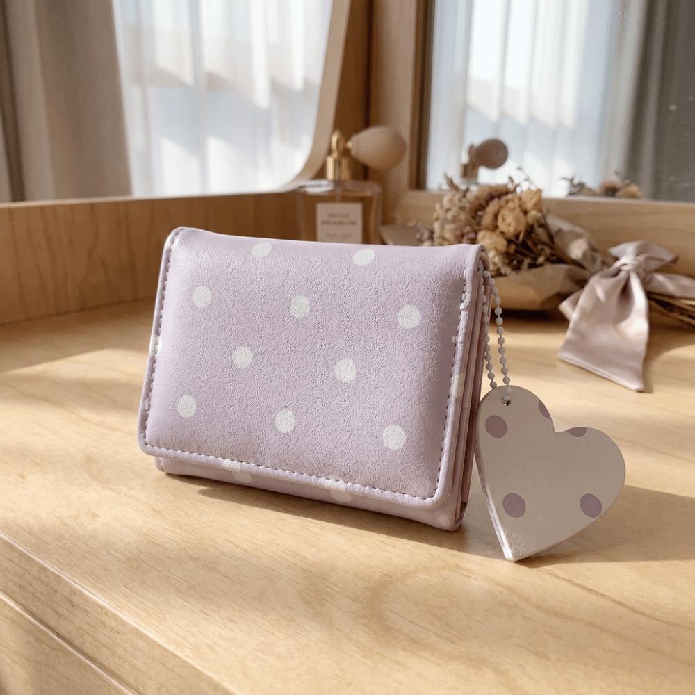 Sweet PU Card Holder Heart Pendant Coin Purse Cute Trifold Polka Dot Wallet Travel