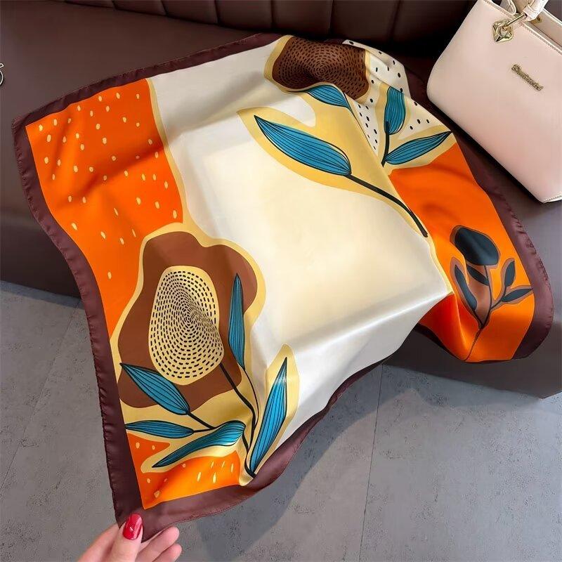 Elegant Purple Flower-Printed Silk Scarf Women Satin Neckerchief Versatile Headwear Bag Clothing And Accessories Square Scarf