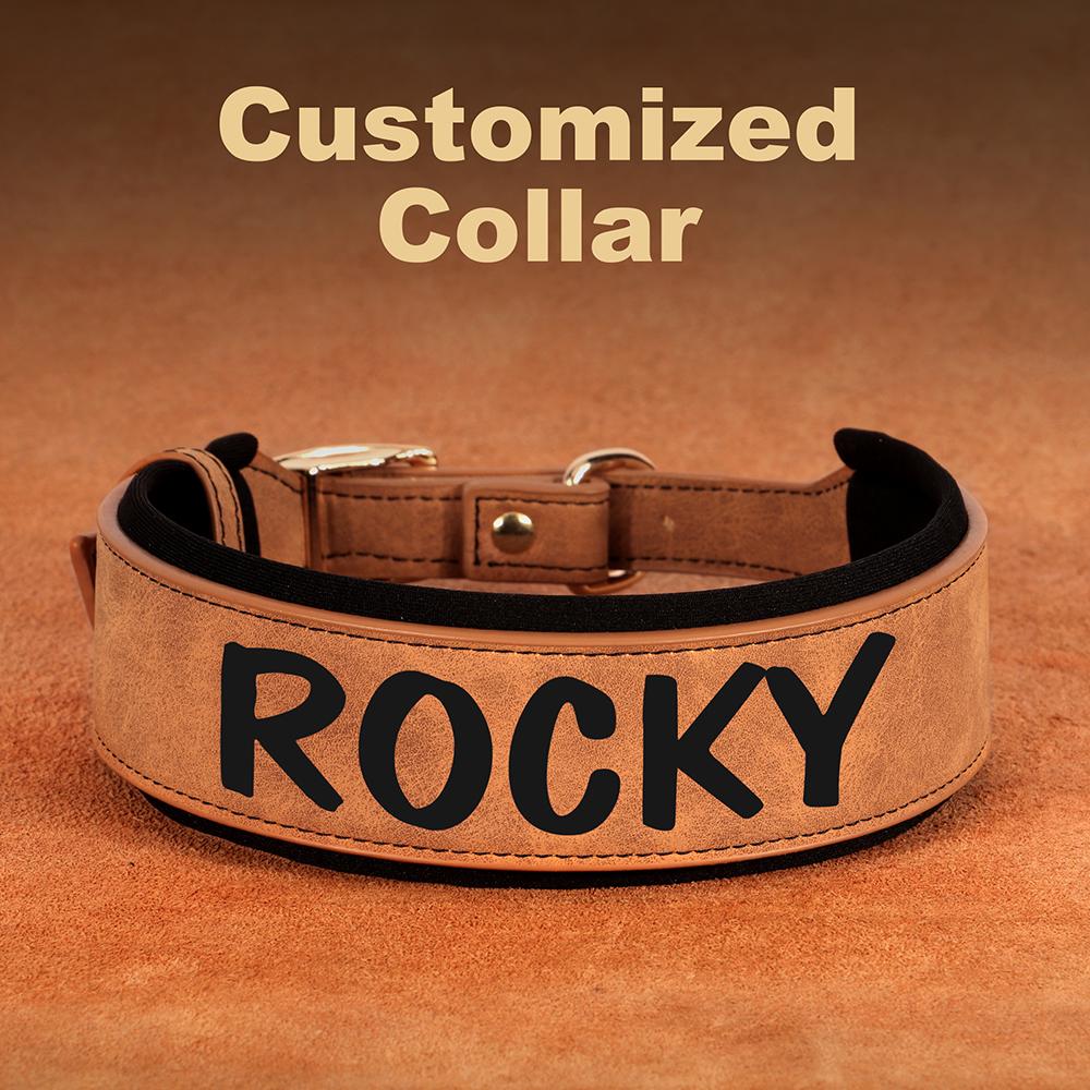 

Personalized PU Leather Dog Collar Necklace Wide Padded Pet ID Collars Free Print Dogs Name Collars for Small Medium Large Dogs M кавовий