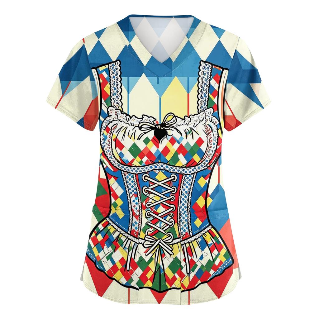 Women's V Neck Short Sleeve Work Shirt with Pockets Oktoberfest Print Top Caregiver Uniform Tee for Medical and Hospitality Use