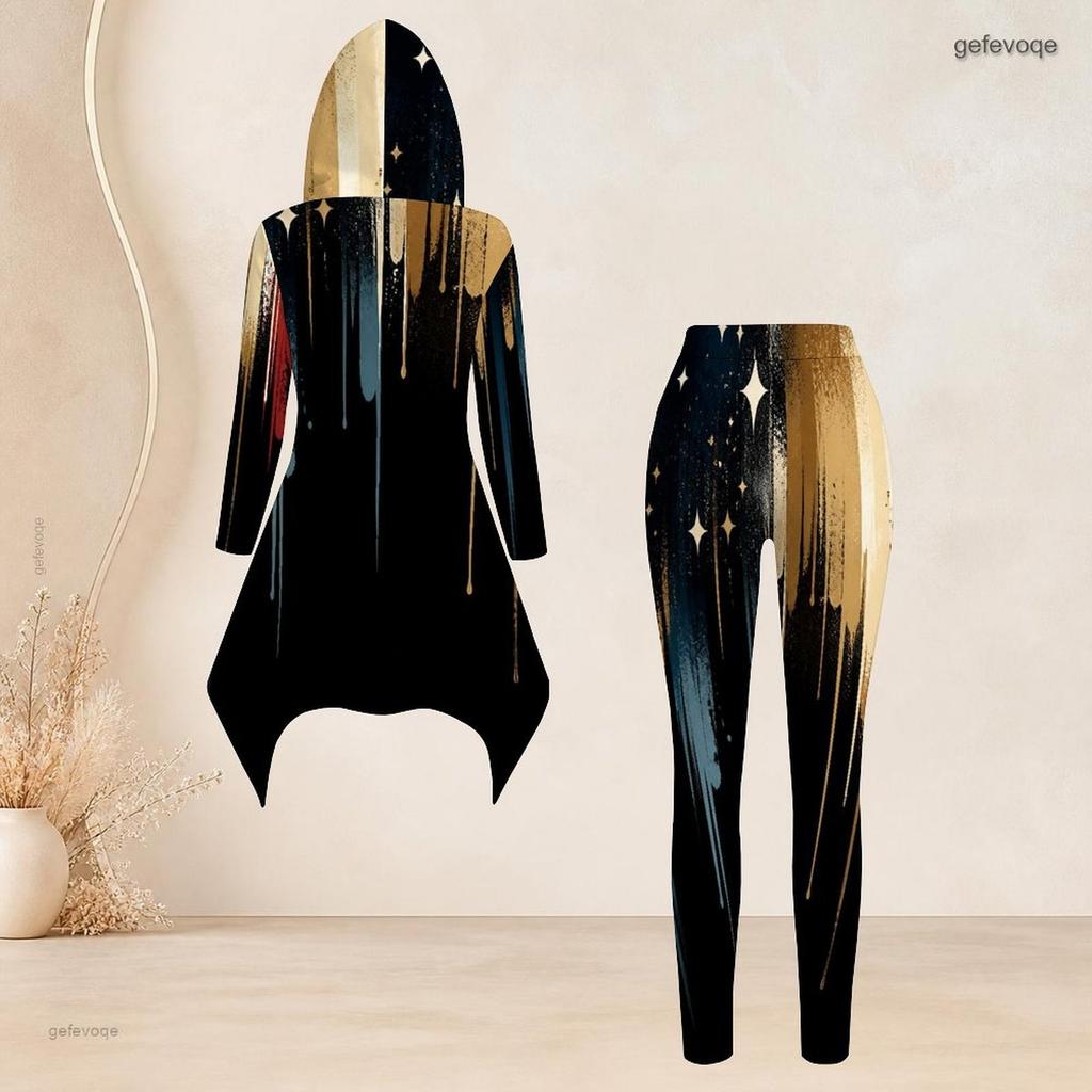 Women Plus Size Black Gold Printed Hooded Long Sleeve High Low Top And Fitted Pants Two Piece Set