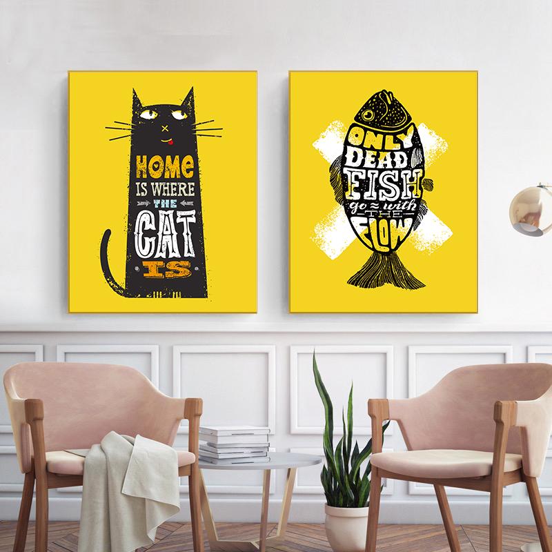 Nordic Poster Prints Black Cat Fish Qotes Wall Decor Cuadros Decoracion Yellow Wall Art Picture Kitchen Living Room Decoration