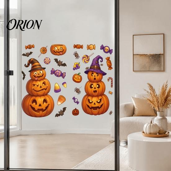 Home Window Ornaments Halloween Cartoon Cling Stickers, Ghost Pumpkin Candy Glass Decals, Self-Adhesive Removable Party Venue Backgrounds Art