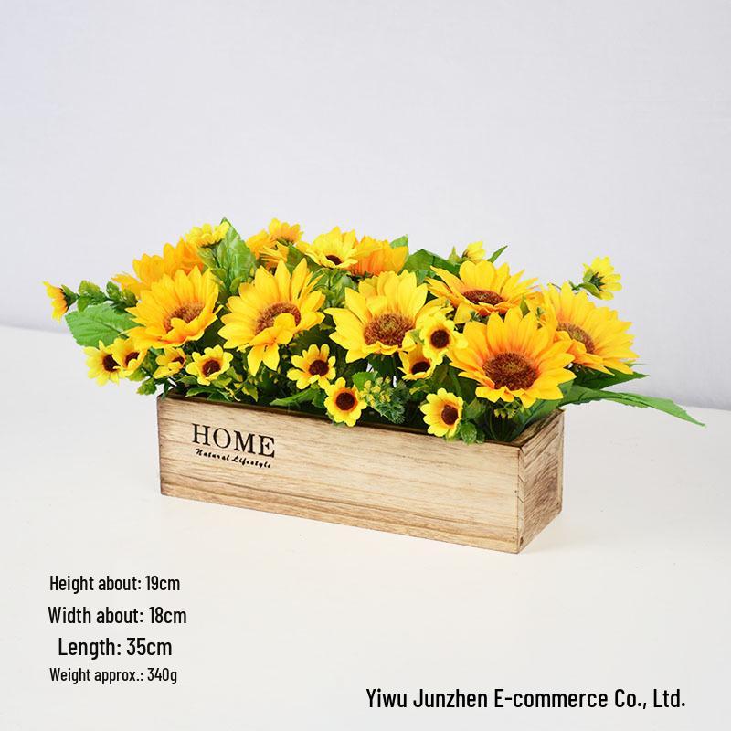 Cross-border Sunflower Small Potted Plant with Wooden Fence Base for Wedding Decor & Photography Props