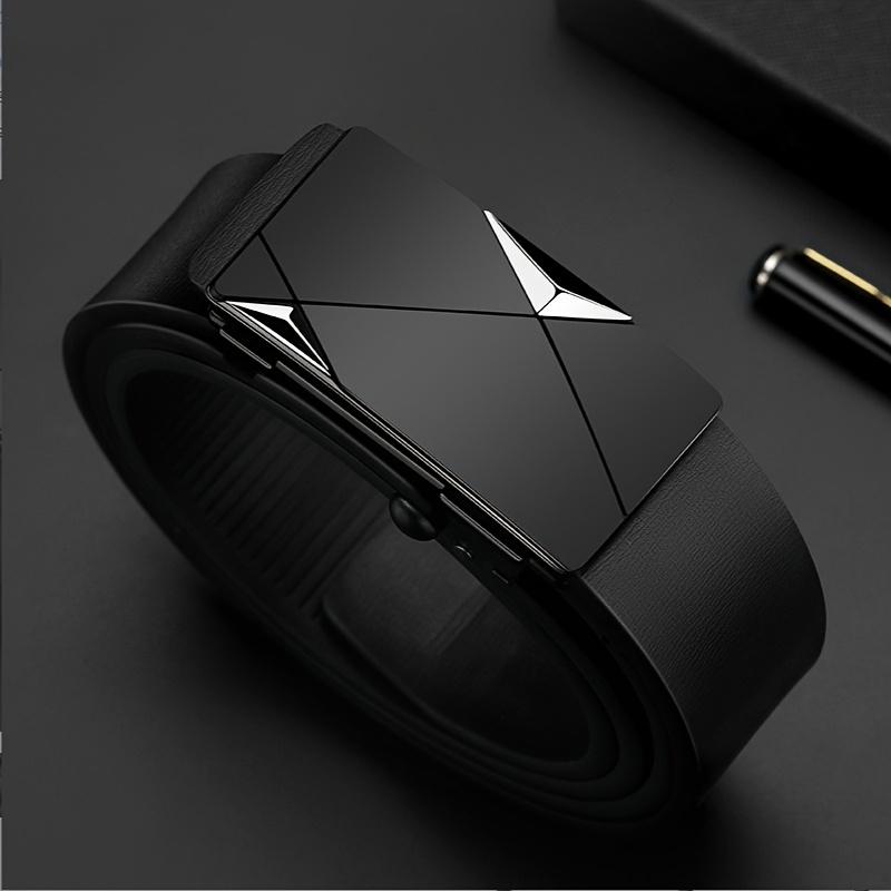 

Мужской роскошный ремень из искусственной кожи с автоматической пряжкой - Элегантный черный с золотистой геометрической пряжкой, деловой повседневный стиль 120cm