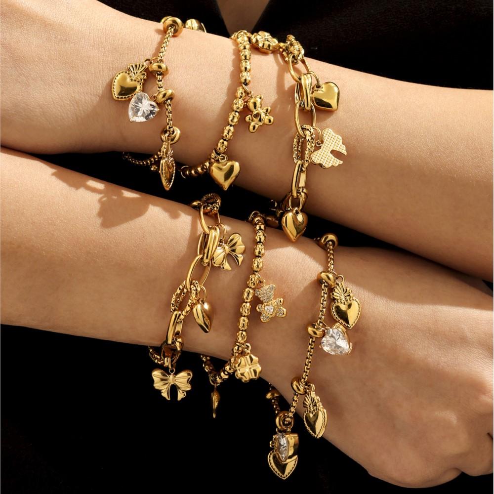 Heart Bear Charms Bracelet In Stainless Steel 18k Gold Plated Waterproof Non Tarnish Chain Bracelets With Pendants For Women